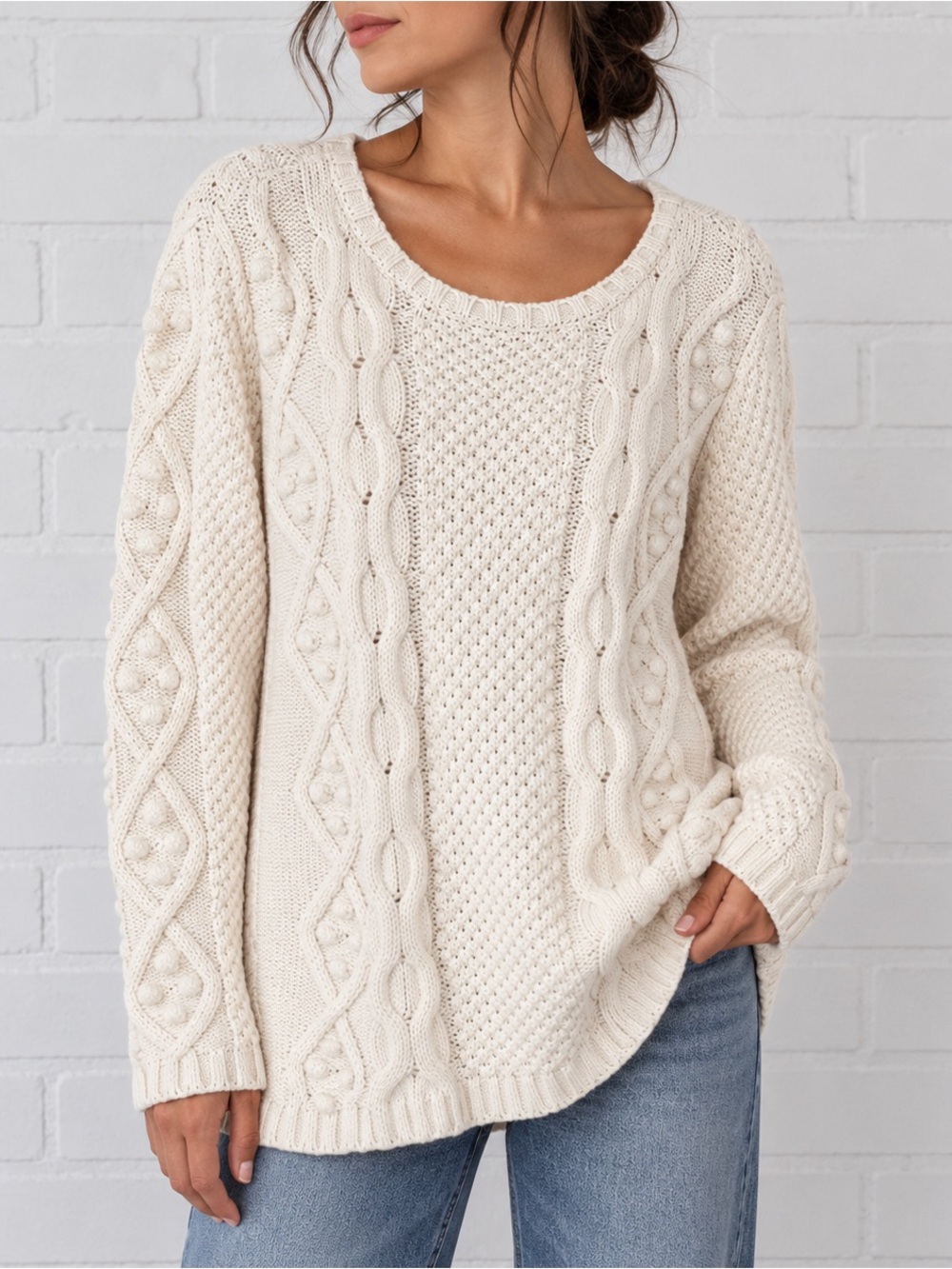 Coldwater Creek Cream Chunky Cable Knit Sweater XL Coastal Grandma Cottagecore